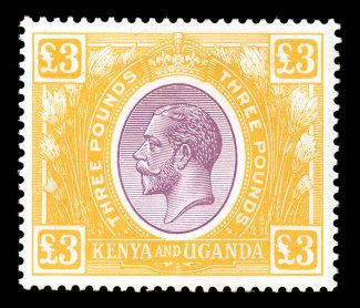 S.G. 97, 1925 £3 Purple and yellow, exceptionally well centered, bright and fresh, o.g., mild h.r., very fine signed H. Bloch (Scott 39 $1,100.00).