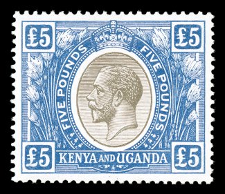 S.G. 99, 1922 £5 Black and blue, a marvelously choice mint example of this very scarce value, perfectly centered, rich luxuriant colors and crisp impressions on bright white
paper, fresh clean o.g. that has been lightly hinged only once, extreme