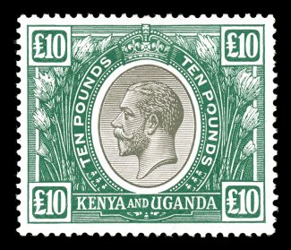 S.G. 100, 1922 £10 Black and green, deep rich colors and razor-sharp impressions, wonderfully well centered, full o.g. that the most recent certificate describes as disturbed,
however it has just been hinged a few times, an extremely fine and at