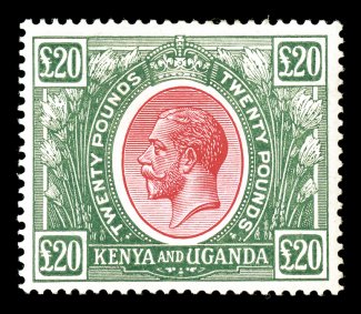 S.G. 101, 1925 £20 Red and green, exceedingly well centered and margined, wonderfully bright colors, full o.g., trivial bit of a h.r., very fine a highly select example of
this key rarity, being in an unusually fresh and choice quality 1969 BP