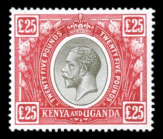 S.G. 102, 1922 £25 Black and red, a beautiful mint example of this important British Africa rarity, featuring radiant colors in especially rich shades, vivid impression on
brilliantly white paper, uncommonly well centered, full fresh o.g., light