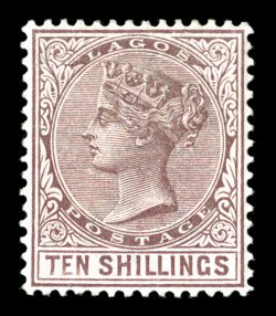 S.G. 29, 1886 10- Purple brown, well centered, strong color, large part o.g., a very fine example of this scarce key stamp to the colony 1971 BPA certificate (Scott 37
$1,700.00).