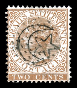 S.G. 1, 1876 2c Brown, strong rich color, light circle of dots cancel, a couple nibbed perfs. at right, a fine and highly collectable example of this rare first issue of
Johore 1956 RPS certificate (Scott 1 $5,750.00).