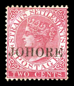 S.G. 7, 1885 2c Pale rose, with large JOHORE overprint, deep color, well centered, part o.g., light facial rub at top left, otherwise very fine an immensely rare stamp of
which only four are recorded accompanied by a 1968 Certificate of