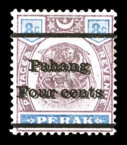 S.G. 25b, 1898 4c on 8c Dull purple and ultramarine, surcharge double, a desirable example of this rarely offered error, which occurred from the attempt to improve upon a very
light initial first impression, bright color, large part o.g. (most e
