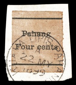 S.G. 26, 1898 PahangFour Cents and bars on plain paper, tied to piece by nearly complete Kuala Lipis Pahang22 My 1899 c.d.s., just a slight hint on toning, otherwise very fine
a rare and most unusual provisional that is available only use