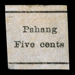 S.G. 27, 1898 PahangFive cents and bars on plain paper, without gum as issued, attractive example of this scarce provisional that was proposed for the anticipated 5c rate
which never materialized, very fine 1992 RPS certificate ex-Dr. Yau