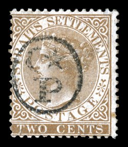 S.G. 1, 1878 2c Brown, unused, rich color, small age spot at bottom right, fine this overprint was used to identify letters from Perak sent to other portions of the Straits
Settlements, and typically mintunused examples were rarely saved sign