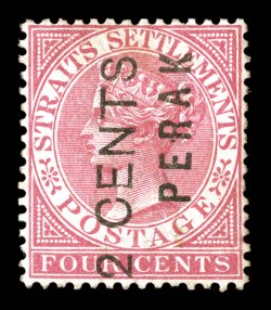 S.G. 16, 1883 2 CENTS PERAK surcharge on 4c Rose, rich fresh color, o.g., mild h.r., fine and scarce 2003 BPA certificate (Scott 12 $725.00).