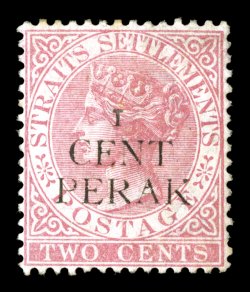 S.G. 31, 1887 I CENT PERAK on 2c Pale rose, attractive pastel color, large part o.g., tiny thin speck, otherwise fine (Scott 18A $1,100.00).