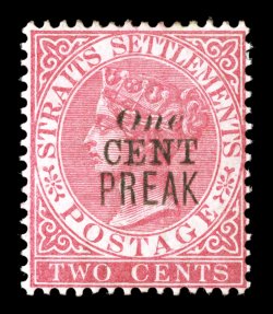 S.G. 35a, 1889 1c on 2c Pale rose, PREAK error, strong rich color in an especially dark shade, full o.g., relatively lightly hinged, very fine a most elusive error 2006 APS
certificate (Scott 23a $800.00).