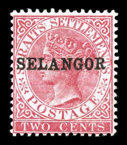 S.G. 38b, 1889 2c Bright rose, with horizontal SELANGOR overprint, deeply rich color, full o.g., relatively lightly hinged, very fine overall an immensely rare stamp that is
one of the keys to completing a Malayan States collection 1998 BPA