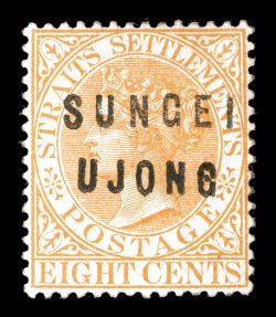 S.G. 24, 1882 8c Orange, with SUNGEI UJONG overprint Ty. 12+14, showing a defective G, well centered, attractive color, large part o.g., very fine an exceptional original gum
copy of this very scarce stamp 1989 RPS certificate ex-Sir Ga