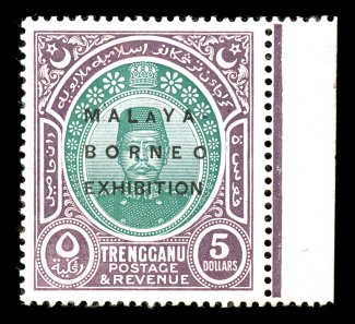 S.G. 58d, 1922 $5.00 Malaya Borneo Exhibition overprint, small second A, attractive right-sheet margin single, rich vibrant colors, well centered, full o.g. with faint pink
offset on gum, very fine ex-Young (Scott 18a var.).