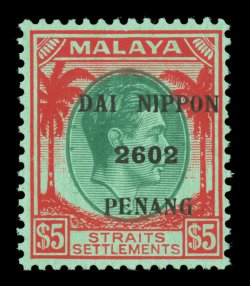 S.G. J89, 1942 $5.00 Straits Settlements, with Dai Nippon2602Penang overprint, intense colors, o.g., never hinged, very fine a scarce key high value (Scott N13
$675.00).
