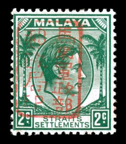 S.G. J147 var., 1942 2c Green of Straits Settlements, with boxed chop in red, rich color, o.g., tiny h.r., a fine example of this scarce stamp that was not issued to the
public (Scott N6A var.).