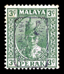 S.G. J192a, 1942 3c Green with Perak chop in violet, rich color, slightly toned o.g., h.r., fine signed Milo Rowell and accompanied by a 2002 BPA certificate (Scott N3
var.).
