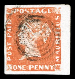 S.G. 3, 1848 1p Orange vermilion, Earliest Impression, position 6, with a large sheet margin at right, other three margins also large and even, strong rich color and a crisp
impression that is unmistakable from the earliest printing, light targe