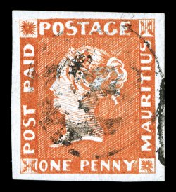 S.G. 6, 1853-55 1p Vermilion on greyish paper, early impression, position 10, a superb used example of this rare stamp, featuring exceedingly large and perfectly balanced
margins all around, gorgeous color than is remarkably bright and rich, sha
