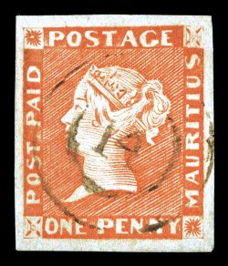S.G. 7, 1853-55 1p Orange vermilion on greyish paper, early impression, a beautiful used example of this rarity, featuring gorgeous vibrant color and a well incised
impression, plus it possesses uncommonly large margins all around, light 14 in