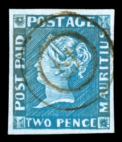 S.G. 8, 1849-54 2p Blue on yellowish white paper, early impression, four large even margins, lovely rich color and an outstanding impression on bright paper, light double-ring
cancel, just a faint hint of repair in the right margin, otherwise ex