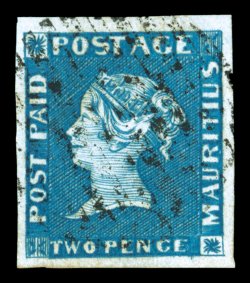 S.G. 9, 1849-54 2p Deep blue on grey paper, early impression, four large margins, deep intense color and a prooflike impression on fresh paper, unusually light cancel, faint
trace of a horizontal crease, otherwise extremely fine overall a highl