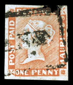 S.G. 11, 1854-57 1p Dull vermilion on grayish paper, intermediate impression, four mostly large margins, rich color and a fine impression, small margin thin, very fine
appearance clear 1978 RPS certificate (Scott 3b $2,750.00).