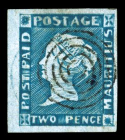 S.G. 14, 1854-57 2p Blue on bluish paper, intermediate impression, position 5, four large to huge margins, sumptuously rich color and a crisp clean impression, light target
cancel, microscopic pinhole, extremely fine clear 2004 Brandon certific