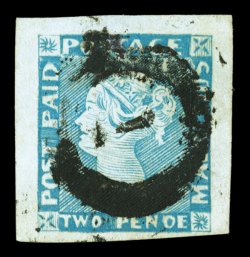 S.G. 14a, 1854-57 2p Blue on greyish paper, intermediate impression, Penoe for Pence, three huge margins, bottom margin is full to large, bright color, small neat repair at
top, very fine appearance and a collectable example of this rare var