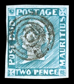 S.G. 15, 1854-57 2p Light blue on yellowish white paper, intermediate impression, full to mostly large margins all around, bright fresh color, neat target cancel, a very fine
example of this scarce stamp 1995 Brandon certificate (Scott 4b $3,