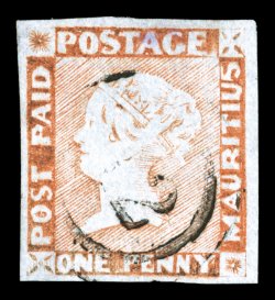 S.G. 17, 1857-59 1p Red brown on greyish paper, worn impression, position 10, four large margins, strong color for a worn impression, double-ring 12 cancel of Black River,
faint horizontal crease, otherwise very fine clear 2005 Brandon certif