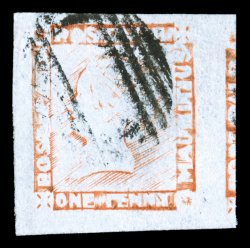 S.G. 18, 1857-59 1p Orange red on bluish paper, worn impression, position 4, enormously large margins all around including part of the adjoining stamp at right, tiny
insignificant corner crease at top left, extremely fine clear 2004 Brandon cer