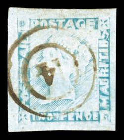 S.G. 25a, 1856-58 2p Grey blue on bluish paper, latest impression, Penoe for Pence, being position 7, lavishly large margins all around, double-ring 14 cancel, tiniest trace
of a margin thin, otherwise extremely fine and choice clear 2004