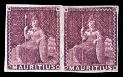 S.G. 29, 1859 (9p) Dull magenta, scarce mint horizontal pair, deep vibrant color, full to large margins around, nearly full original gum, very fine 1980 RPS certificate (Scott
11 $1,550.00).