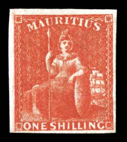 S.G. 34, 1859 1- Vermilion, full to large margins all around, deep vivid color and a crisp detailed impression, large part original gum, very fine a scarce mint stamp (Scott
19 $3,000.00).
