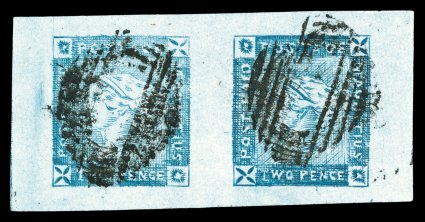 S.G. 38, 1859 2p Blue, Lapirot printing, intermediate impression, a striking horizontal pair, being positions 6-7 from the setting of twelve, with gigantic margins all around,
bright fresh color, oval grid cancels, extremely fine a spectacular