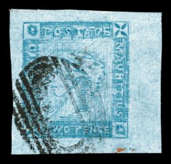S.G. 39, 1859 2p Blue, Lapirot printing, worn impression, position 7, with a huge sheet margin at right, other three margins exceptionally large and balanced, strong color for
the worn impression, oval grid cancel and a bit a a red pmk. at botto