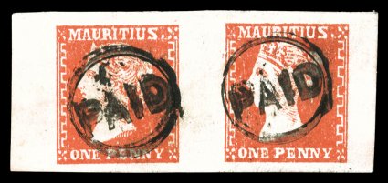S.G. 41, 1859 1p Deep red, Dardenne printing, horizontal pair, four huge margins, deep intense color and impression, neat strikes of Paid in circle cancels, extremely fine a
rare multiple, particularly in such superb condition 2002 Brandon c