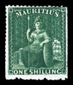 S.G. 55, 1862 1- Deep green, perforated 14 to 16, en exceedingly fresh mint single of this rare stamp, with deep luxuriant color and an excellent clarity of impression, o.g.,
h.r., fine 2008 Brandon certificate (Scott 23 $2,750.00).