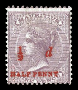 S.G. 78, 1876 ½ dHALF PENNY red surcharge Ty. 12 on 9p Dull purple, prepared for use but never issued, mint example with part o.g., strong color and intense surcharge,
centered into the perfs. at bottom which is the way they normally are foun