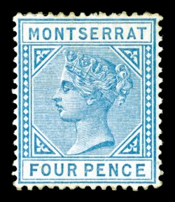S.G. 11, 1884 4p Blue, well centered, strong color, o.g., a very fine example of this key stamp of the colony 1990 PF certificate (Scott 9 $2,100.00).