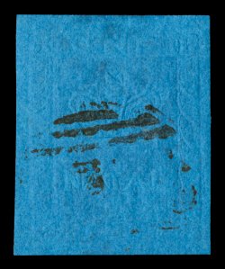 S.G. 1, 1859 1p Embossed on blue, used, deep paper color, full margins, crisp embossing, lightly cancelled, very fine 1997 Brandon certificate as the old S.G. 3 listing (Scott
5 $1,400.00).