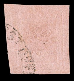 S.G. 2, 1859 1p Embossed on Rose paper, large margins all around, clear embossing, unusually light and unobtrusive cancel, small internal paper split, otherwise a very fine
example of this rare stamp clear 2001 Brandon certificate (Scott 6 $2
