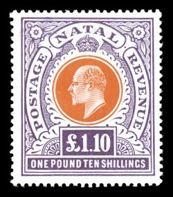 S.G. 162, 1908 £1.10 Brown orange and deep purple, handsome mint single with strong colors on bright paper, well centered, o.g., tiny h.r., very fine and choice 1959 RPS
certificate (Scott 109 $1,525.00).