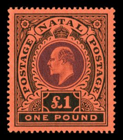 S.G. 171, 1908 £1 Purple and black on red, gem mint example that is perfectly centered and with deep colors, pristine o.g., never hinged, extremely fine a very challenging
stamp to find in this stellar never hinged quality (Scott 116 for hing