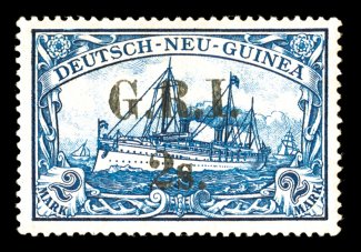 S.G. 13, 1914 2- on 2M Blue, exceptionally well centered, intensely rich color, o.g., lightly hinged, very fine a rare stamp, as only 57 2M stamps were surcharged signed
several times (Scott 13 $2,500.00).