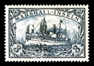 S.G. 61b, 1914 3- on 3M Violet black, no stop after I, exceedingly well centered, rich color, o.g., a few tiny thin specks, otherwise very fine an enormously rare error of
which only a handful are known signed Richter, Kohler, and accompani