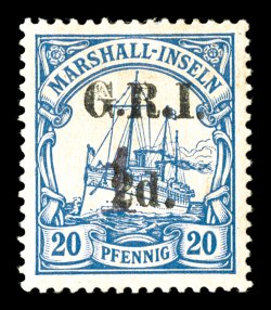 S.G. 64, 1915 1 surcharge and G.R.I.2d. surcharge on 20pf Ultramarine, outstanding centering, strong color, large part o.g., very fine a rare stamp, with only 50 printed
(Scott 45 $3,500.00).