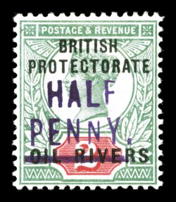 S.G. 9, 1893 ½p on 2p Green and carmine, Ty. 3 surcharge in violet, exceptionally attractive mint single, well centered, stamp has strong rich colors and a well struck example
of this surcharge, o.g., l.h., accompanying certificate mentions crea