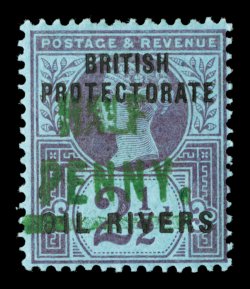 S.G. 11, 1893 ½p on 2½p Purple on blue, Ty. 4 surcharge in green, deep colors and an especially strong overprint surcharge, o.g., tiny h.r., fine (Scott 25
$250.00).